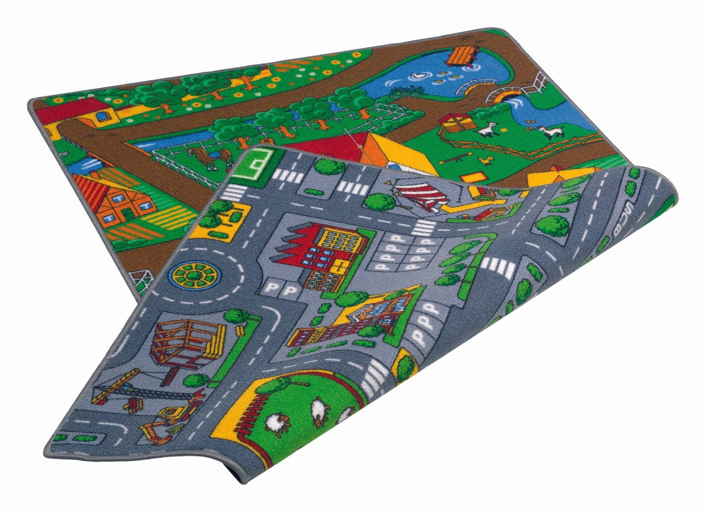 Colorful Duo Road Farm Playmat rug by Think Rugs featuring playful farm and road designs for kids' play areas.