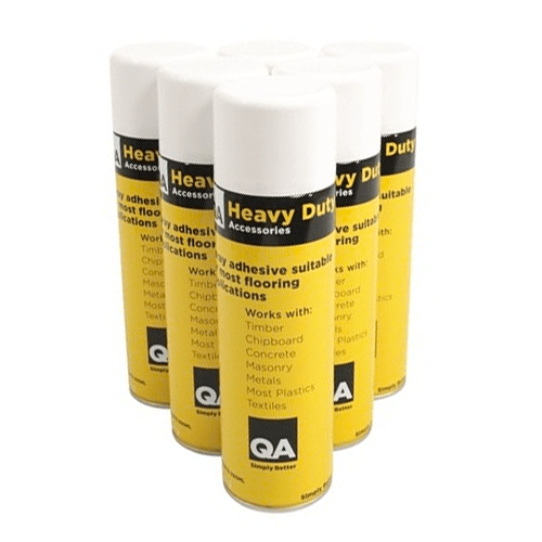 QA Products spray adhesive in a 500ml can, ideal for bonding paper, fabric, and light materials, shown in a close-up image.