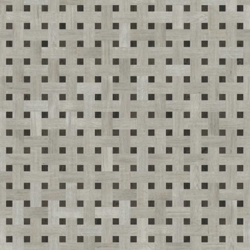 Karndean Kaleidoscope woven LVT flooring showing intricate pattern in warm wood tones, designed for durable luxury flooring.