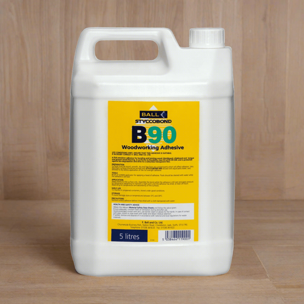 F. Ball & Co Styccobond B90 adhesive container, 1L or 5L size, used for flooring and wall covering installation.