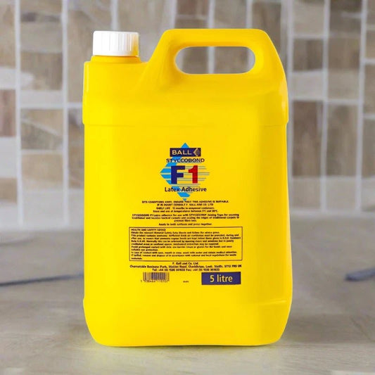 F. Ball & Co Styccobond F1 adhesive in a 5-liter container, suitable for flooring installation and adhesive applications.