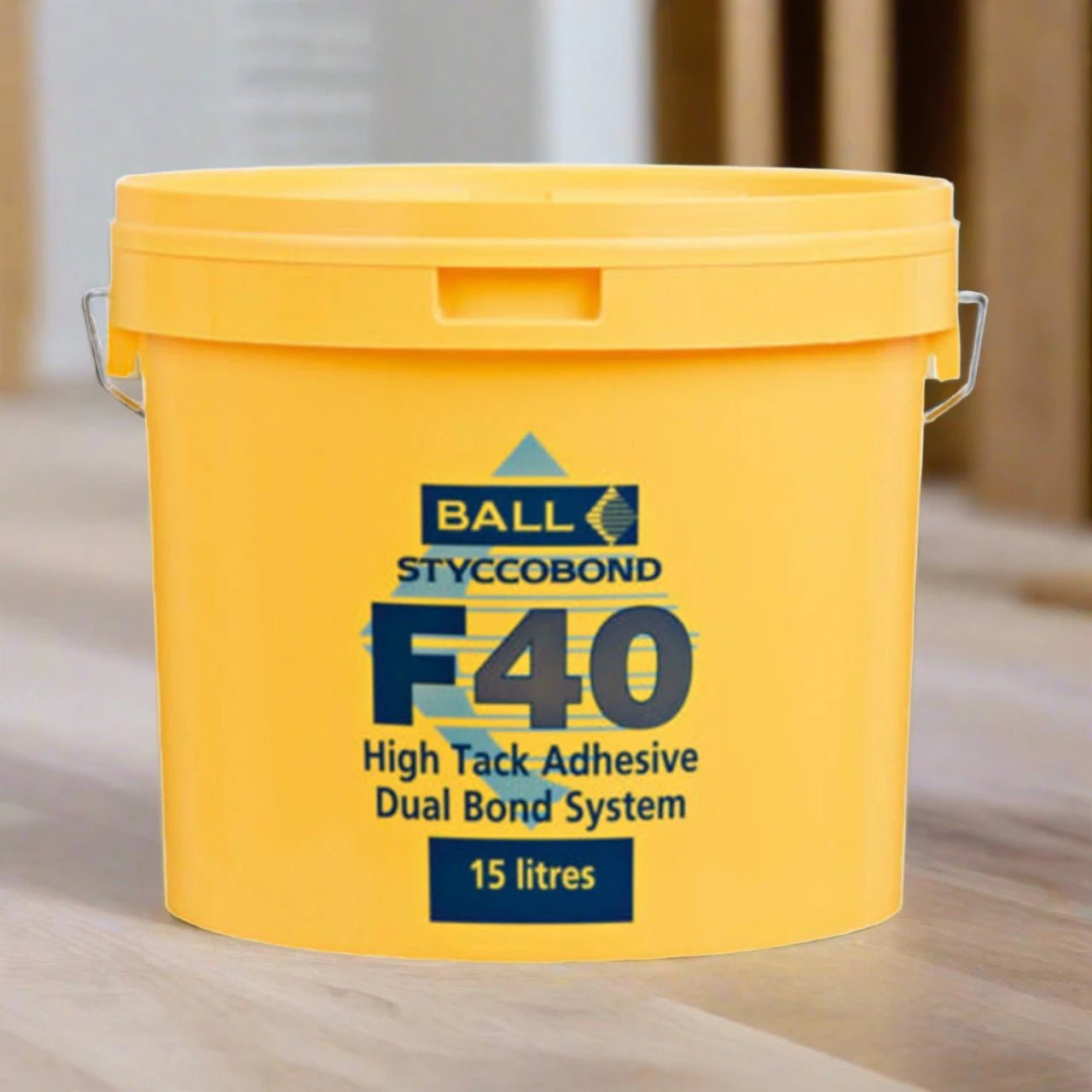 F. Ball & Co Styccobond F40 adhesive container, 15L, with label showing product details and branding for flooring installation.