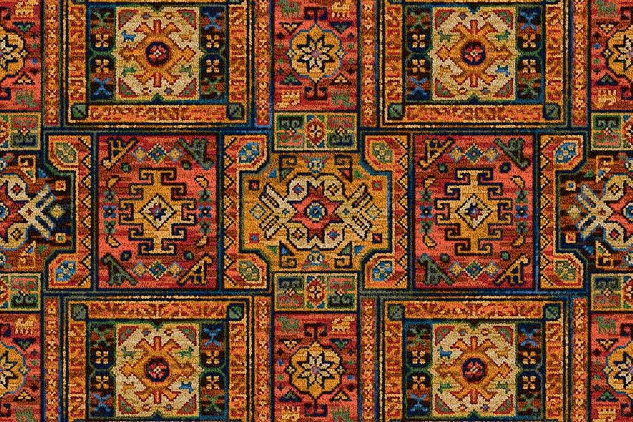 Ulster Glenavy Abstract Axminster Carpet showing a vibrant, patterned design in rich colors suitable for living rooms or bedrooms.