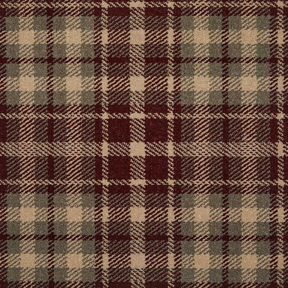 Fells Carpets Wallace Wilton plaid carpet with red, green, and beige checkered pattern on a plush surface.