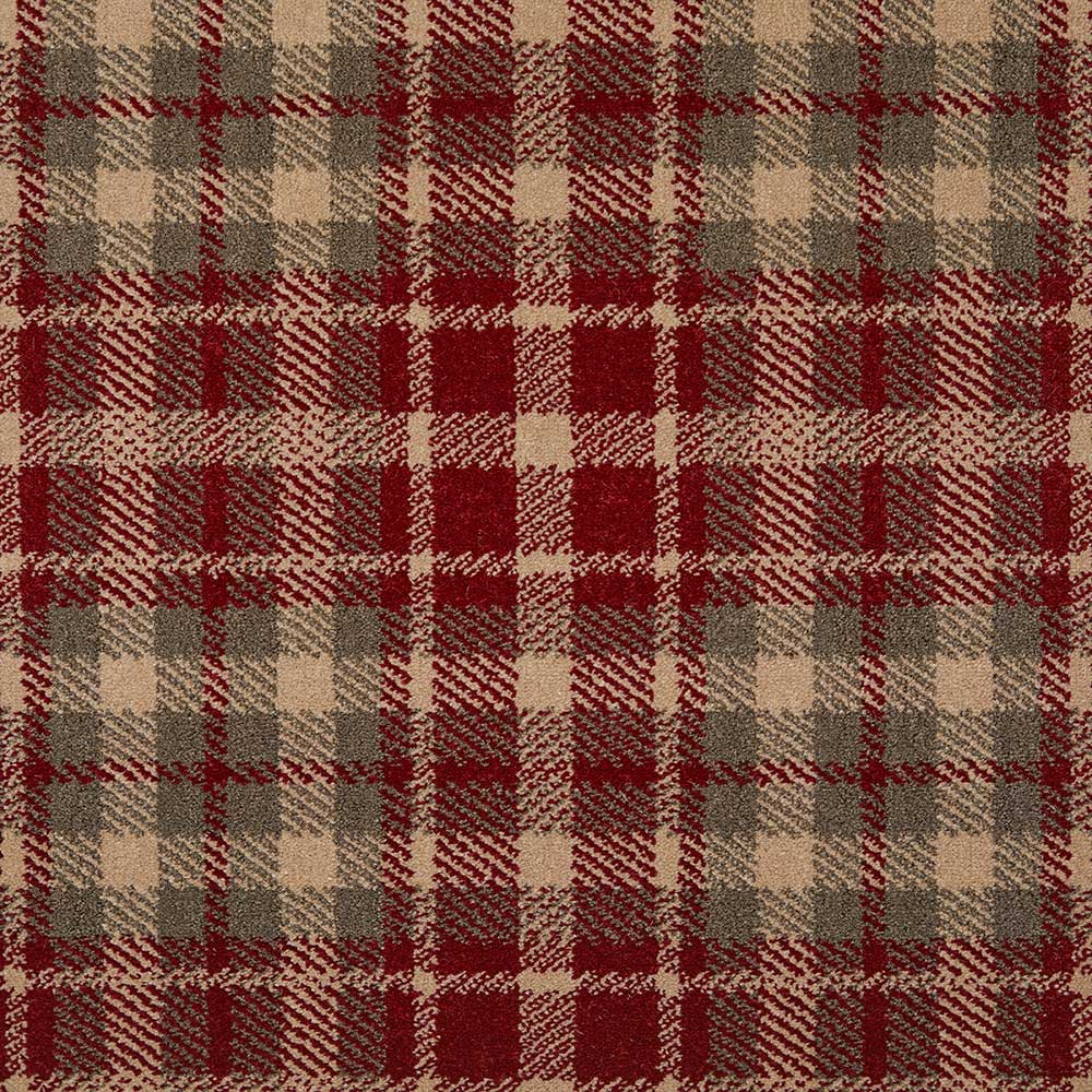 Fells Carpets Wallace Wilton plaid carpet with red, blue, and beige checkered pattern on a light background.