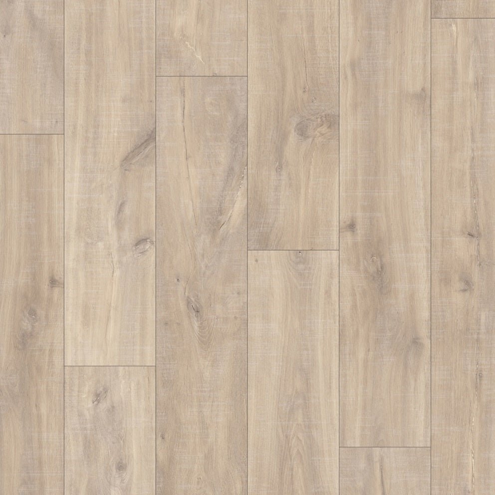 Quick-Step Classic Laminate Flooring planks showcasing wood grain texture and light brown color for durable home flooring.