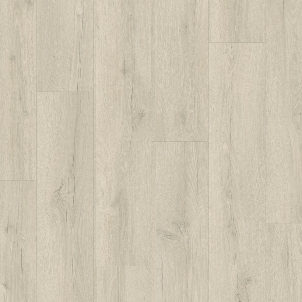 Quick-Step Classic laminate flooring planks showcasing wood grain texture and natural finish in a modern room setting.