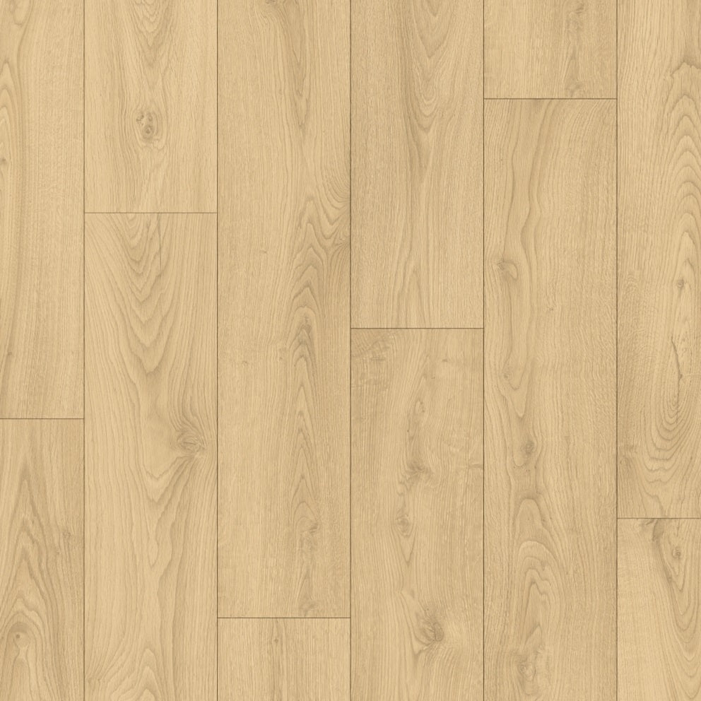 Quick-Step Classic laminate flooring planks showcasing natural wood grain texture and light oak finish.