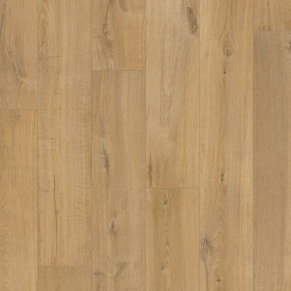 Quick-Step Impressive laminate flooring planks in a natural wood finish, showcasing the textured surface and detailed grain pattern.