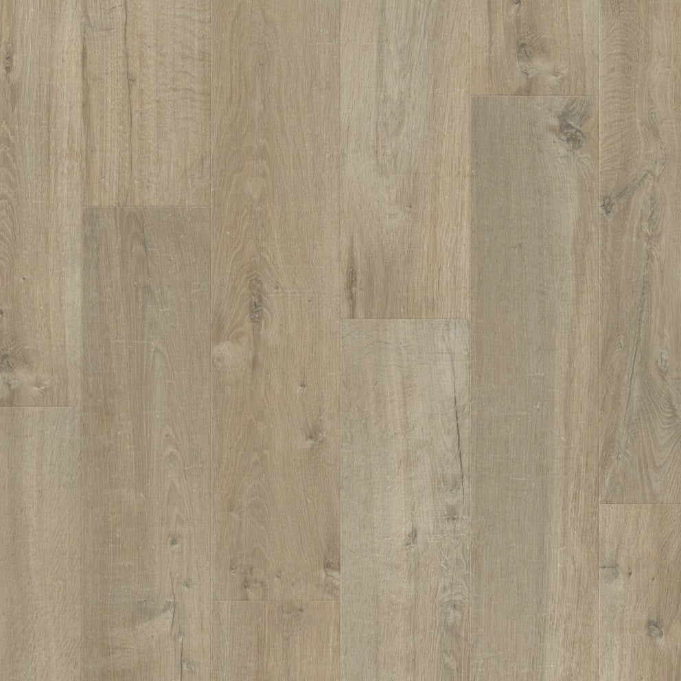 Quick-Step Impressive laminate flooring planks with natural wood grain texture and warm brown finish.
