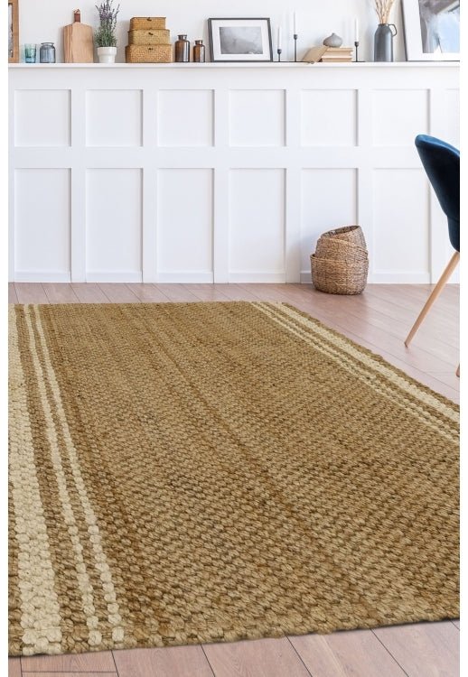 Melrose jute stripe rug with natural and beige woven pattern, showcasing its textured, eco-friendly design for living room decor.