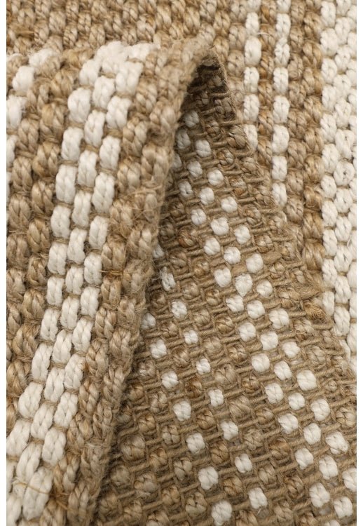 Melrose jute stripe rug with natural beige and brown woven pattern, showcasing textured handwoven design for cozy home decor.