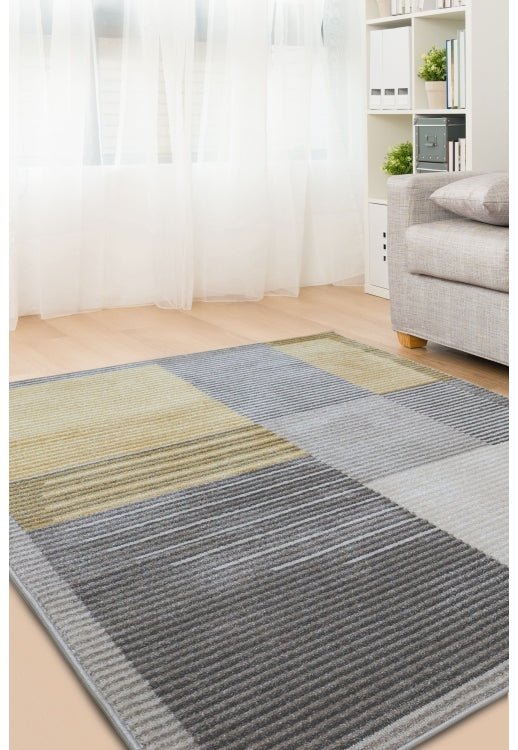 Melrose Horizon Overgeo Rug featuring geometric patterns in neutral tones, ideal for modern living room or bedroom decor.