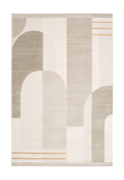 Melrose Milan Abstract Rug with modern geometric design in neutral tones, showcasing soft pile and stylish pattern.