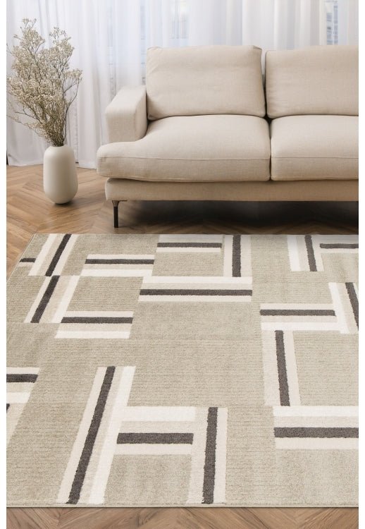 Melrose Milan Blocks Rug with geometric pattern in neutral tones, showcasing soft woven fabric and modern design.