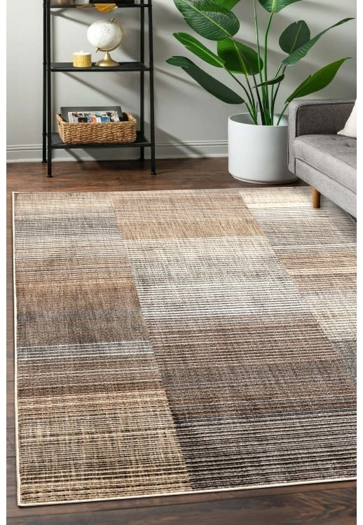 Melrose Aspre Lines Rug with modern geometric pattern in neutral tones, showcasing soft woven texture and stylish design.
