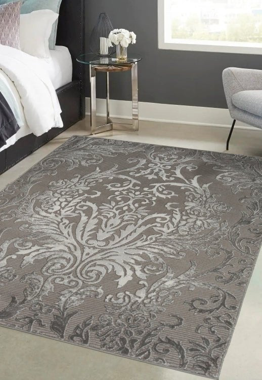 Melrose Avery Damask Grey Rug with intricate damask pattern, soft texture, and stylish design for living room or bedroom decor.