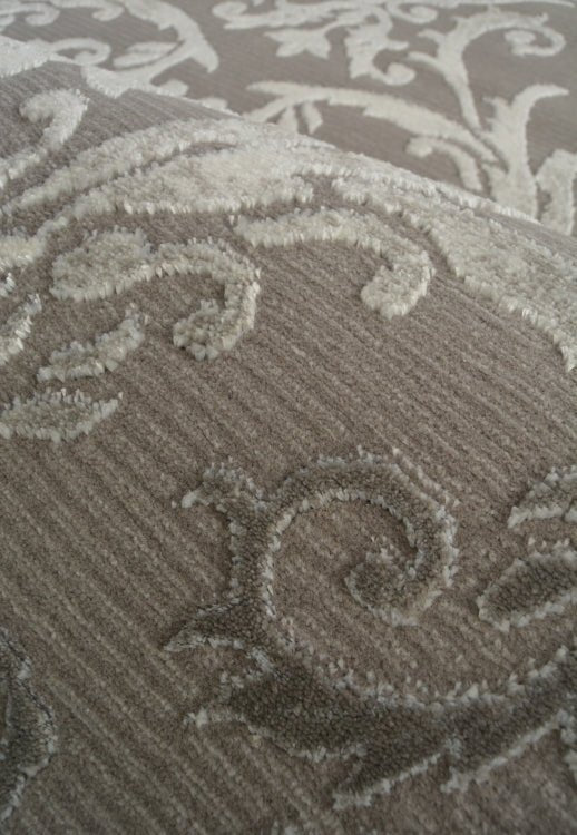 Melrose Avery Damask Grey Rug with intricate pattern, soft texture, and durable design ideal for living rooms or bedrooms.