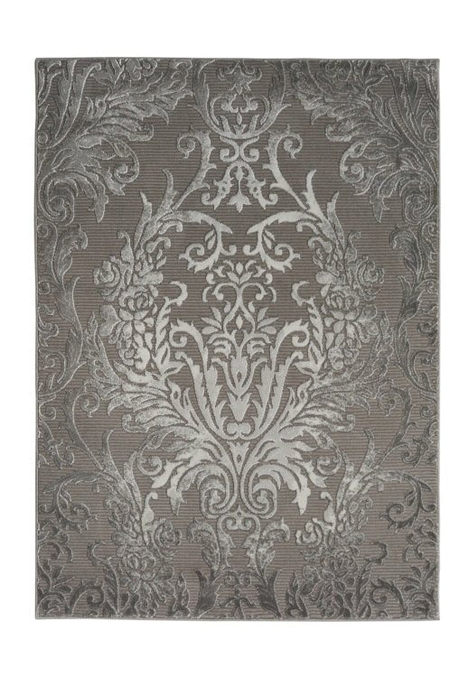 Melrose Avery Damask Grey Rug with intricate pattern, soft texture, and plush surface for elegant home decor.