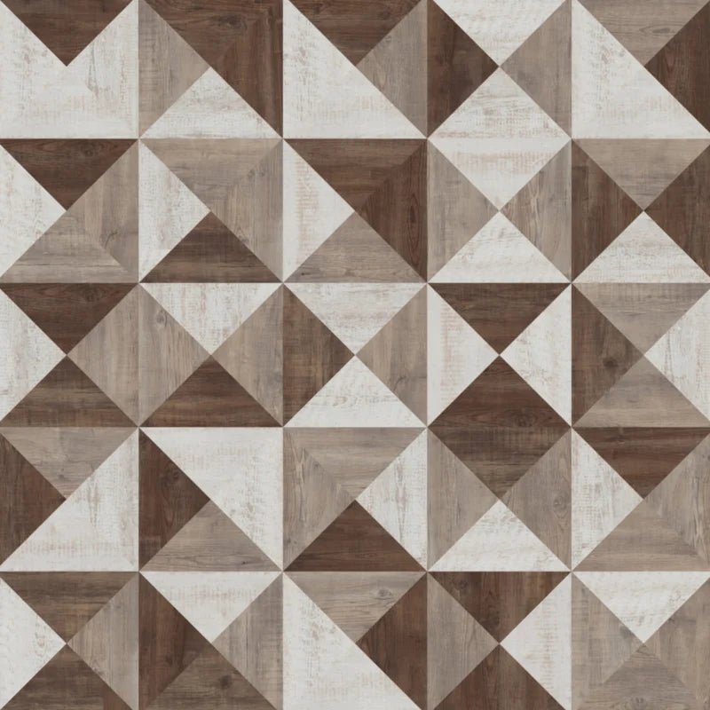 Karndean Tripoint Kaleidoscope LVT flooring with vibrant, geometric pattern in warm wood tones, showcasing detailed design and texture.